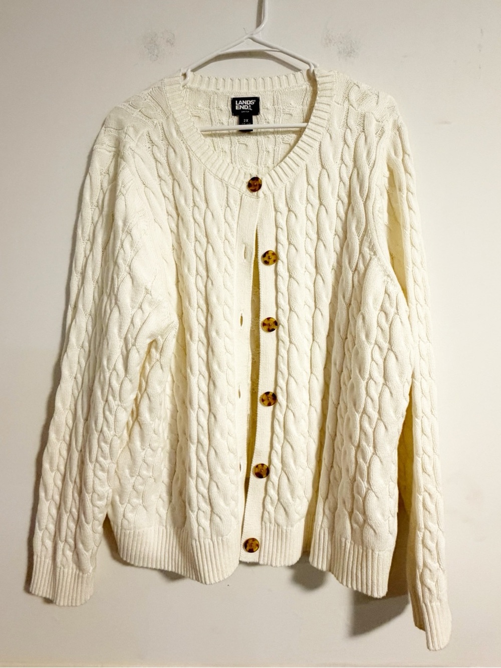 Lands' End Cream Cable Knit Cardigan Sweater 2X Drifter Button Front 100% Cotton